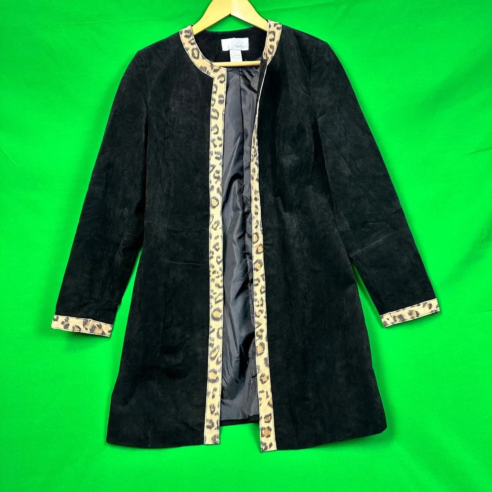 Spiegel Black Suede Leopard Trim Collarless‎ Open Front Jacket Women's Size 8